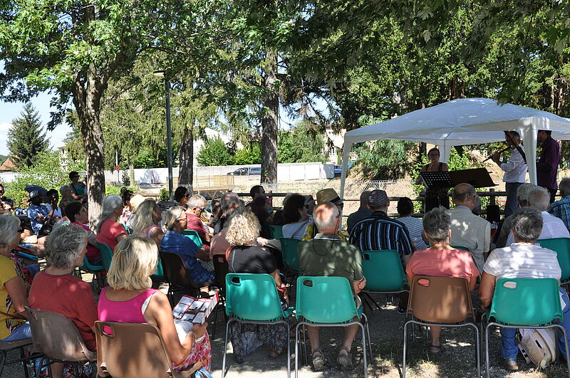 Sitzendes Publikum von hinten im Park