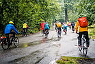 Bunte Fahrradfahrer mit Regensachen auf einem nassen Parkweg.